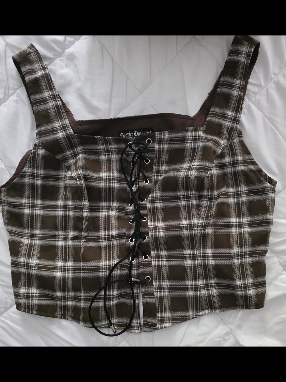 Plaid Lace-Up Crop Top in Brown